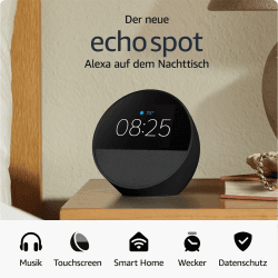 Zertifiziert und generalüberholt Amazon Echo Spot (2024), smarter Wecker mit sattem Klang und Alexa, Schwarz Angebot bei HelloDeals