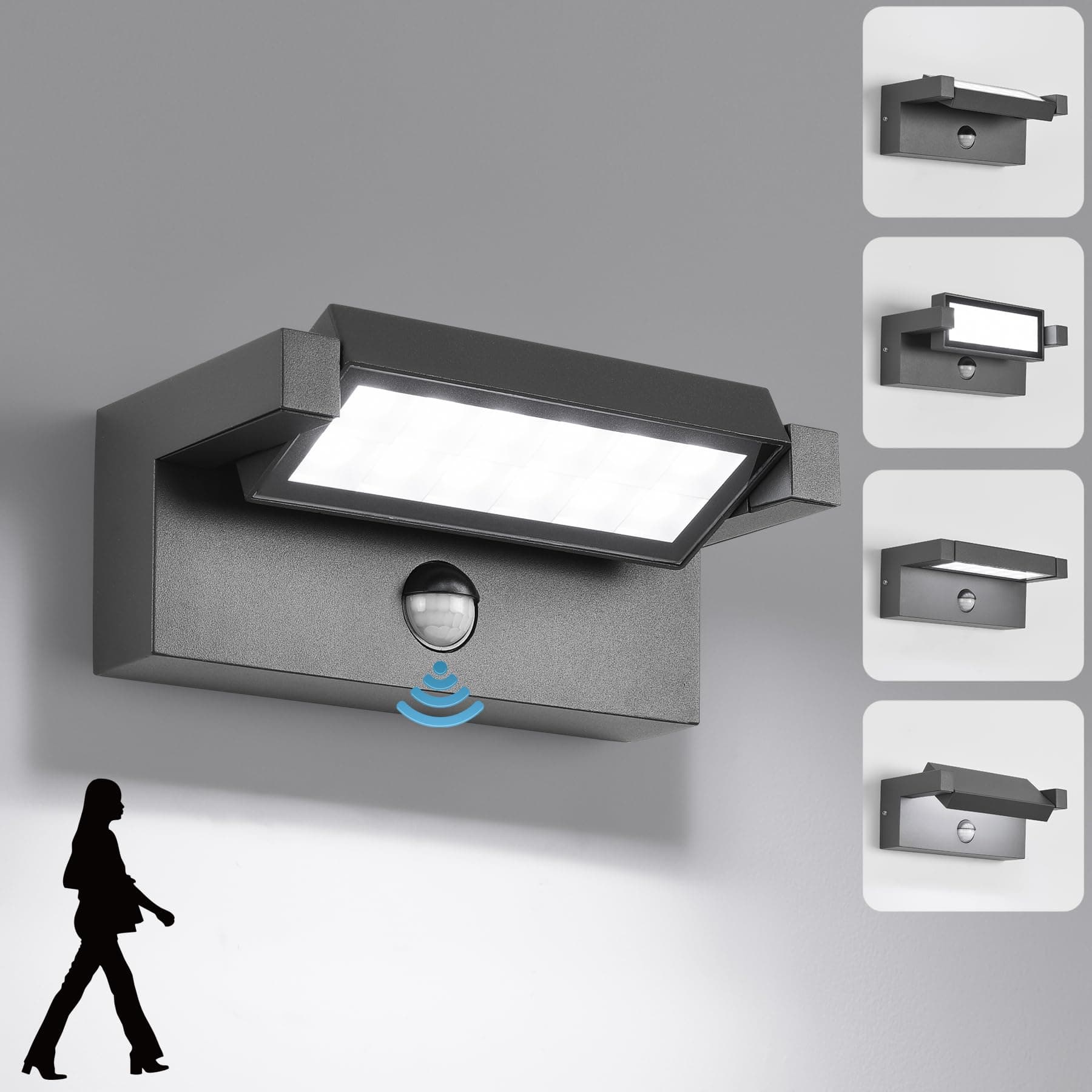 LED Wandleuchte Aussen Innen mit Bewegungsmelder,22W Außenlampe Wand,IP65 Wasserdichte Außenwandleuchte 6500K Kaltweiß Wandlampe,Aussenleuchte mit 350° Schwenkbar Panel für Garten Terrasse Dunkelgrau | Terrassenleuchte, IP65, wasserdicht, Kaltweiß, für de Angebot bei HelloDeals