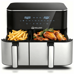 WELLENT 11L Airfryer 2 Kammern, 2600W Heißluftfritteuse XXL(4+7L),10-in-1 Heissluftfritteuse Doppelkammer Air fryer Dual Zone mit Touchscreen, Match & Sync-funktion, spülmaschinenfest 11.0 liters Angebot bei HelloDeals