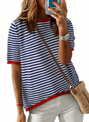 Cuptacc Tshirt Damen Baumwolle Oberteile Sommer Gestreiftes Kurzarm | Rundhals,Streifen,Elegant,Casual,Luftige,Bequem,Mode,Locker,Büro,Reise XL Dunkelblau Angebot bei HelloDeals