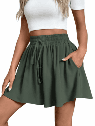Adigaber Freizeit Damen Shorts Weites Bein mit Taschen und Kordelzug | Locker, Elastischer Bund，Verstellbarem Kordelzug, Kühlend, Unifarben, Seitentasche, Hoch Taille, Büro，Urlaub, Gemustert S Armeegrün Angebot bei HelloDeals