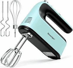 Showvigor Handmixer, Elektrischer Mixer mit 5 Geschwindigkeitsstufen, 300-Watt-Motor, 5 Edelstahl-Aufsätzen, spülmaschinenfest, blau Hellblau Angebot bei HelloDeals