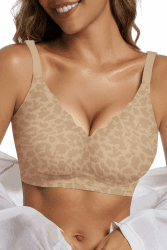 Vtelor Bügelloser BH Damen Ohne Bügel Push up BH Große Brüste Starker Halt | Vtelor Soft, Nahtloser, V-Ausschnitt, Gepolstert & Bequem BH, Seamless Bralette Ohne Buegel für Alltag, T-Shirt und Schlaf XL Leopard Beige Angebot bei HelloDeals