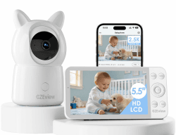 CZEview Babyphone mit Kamera 2.5K & 5.5-Zoll-HD-Großbildschirm, Nachtsicht, 360° WLAN Video Babyfon mit App, Musik & Buntes Nachtlicht, Intelligente Erkennung (Weiß mit 1 Kamera) | Superklar, Nachtsicht, Zwei-Wege-Audio, Schlaflieder, Temp.-Sensor, Schwen Angebot bei HelloDeals
