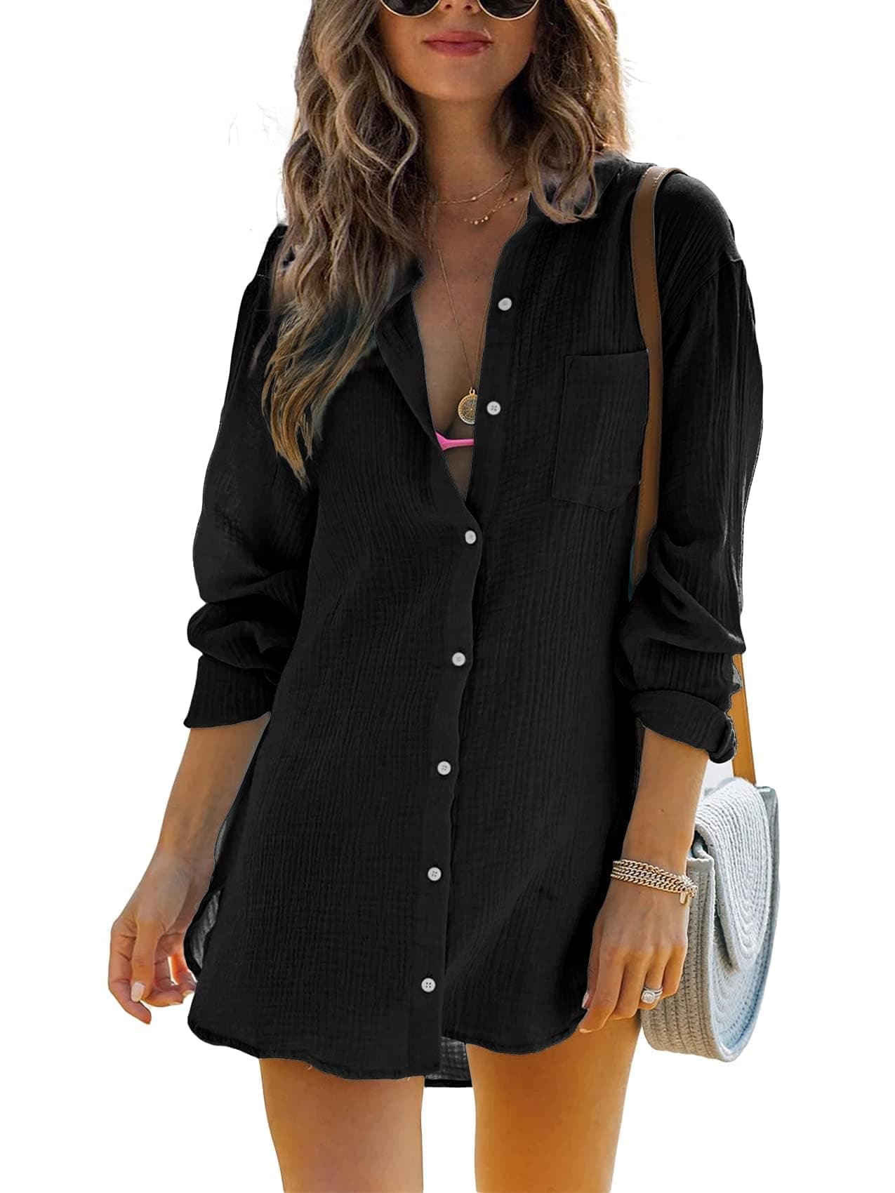 Cicy Bell Damen Langärmel Bluse Sommer Musselin Tops Strandkleid XXL Schwarz Angebot bei HelloDeals