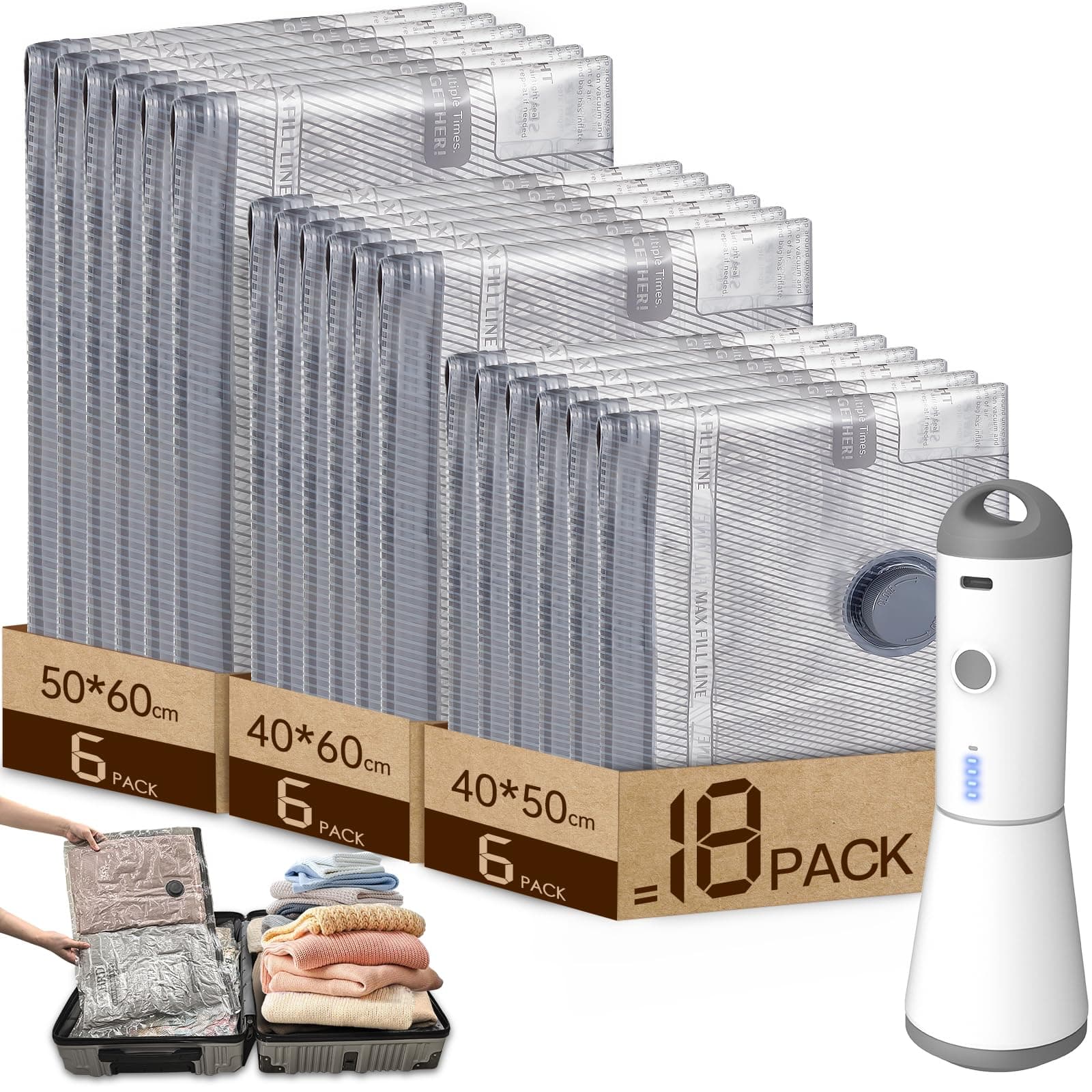 Vacbird Vakuumbeutel für Kleidung mit Kabelloser Vakuumpumpe, 18 Stück (6x 40x50cm, 6x 40x60cm, 6x 50x60cm), Wiederverwendbare Vakuumbeutel für Reisen, Bettdecken, Umzug, Bettwäsche Angebot bei HelloDeals
