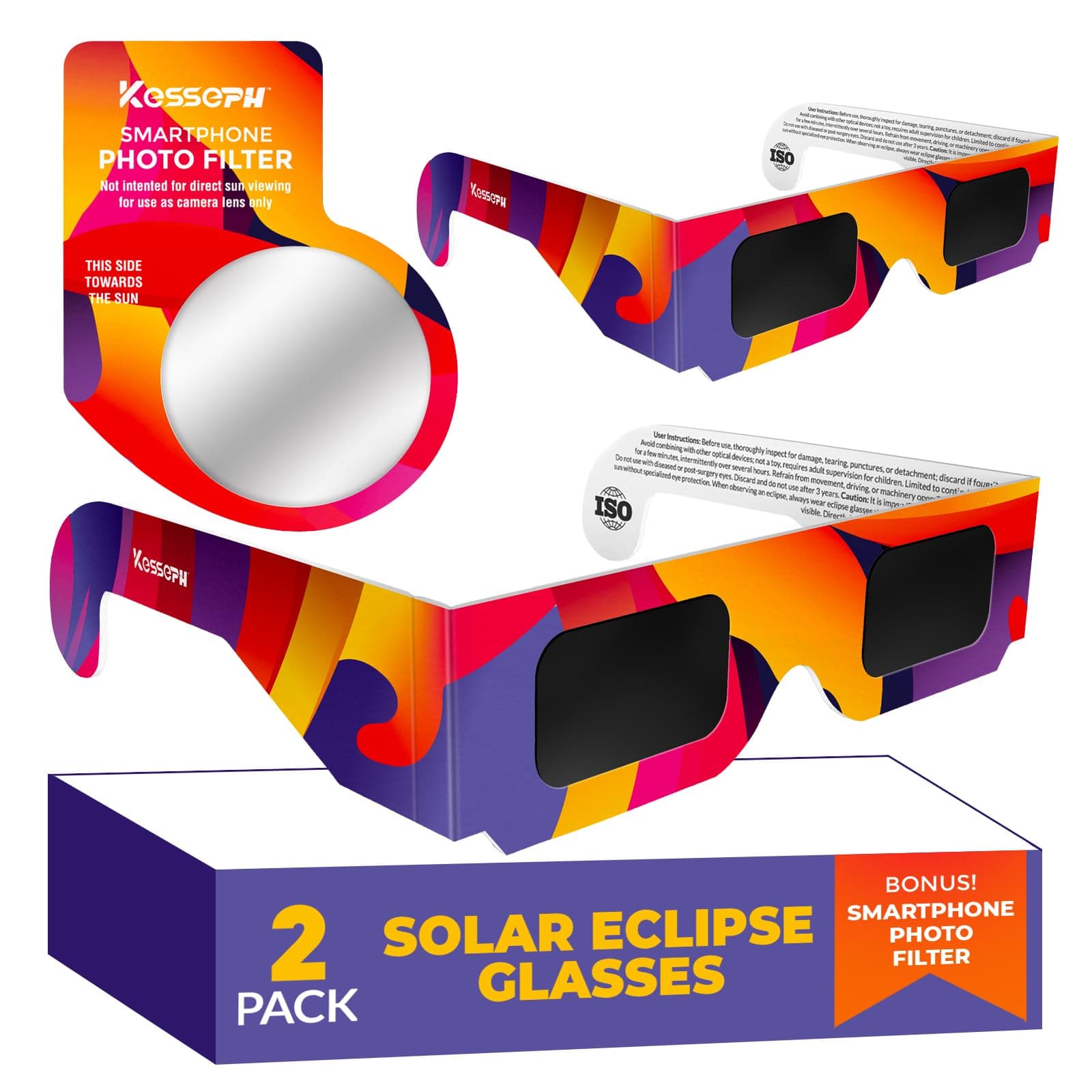 Sonnenfinsternis Brille Zugelassen 2026, 2er-Pack, ISO Zertifiziert, Beobachtungsbrillen für die Sonnenfinsternis zur Direkten Sonnenbeobachtung, Inklusive Smartphone Fotofilter, Buntes Design Angebot bei HelloDeals