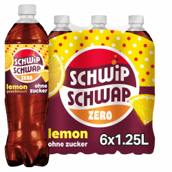 SCHWIPSCHWAP Lemon Geschmack ohne Zucker - Koffeinhaltiges Cola-Erfrischungsgetränk mit Orange und Zitrone in Flaschen, EINWEG (6 x 1.25 l) Angebot bei HelloDeals