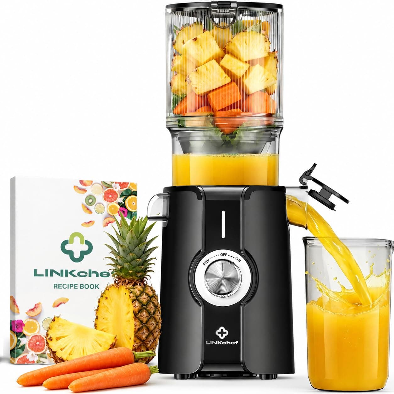 LINKChef Slow Juicer Entsafter Elektrisch, 200W Kaltentsafter mit 115mm Einfüllschacht für Ganze Früchte, 1,2L Entsafter Gemüse und Obst Testsieger, Leicht zu reinigen, Inkl. Saftrezepte,Tech-Schwarz Angebot bei HelloDeals