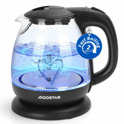 Aigostar Wasserkocher Klein 1L, Borosilikatglas mit LED Beleuchtung 2200W | Schnellkochend, Mini Design, BPA Frei, Trockengehschutz, Automatische Abschaltung, Weiß, Ideal Für Büro und Reisen 1 Liter Angebot bei HelloDeals