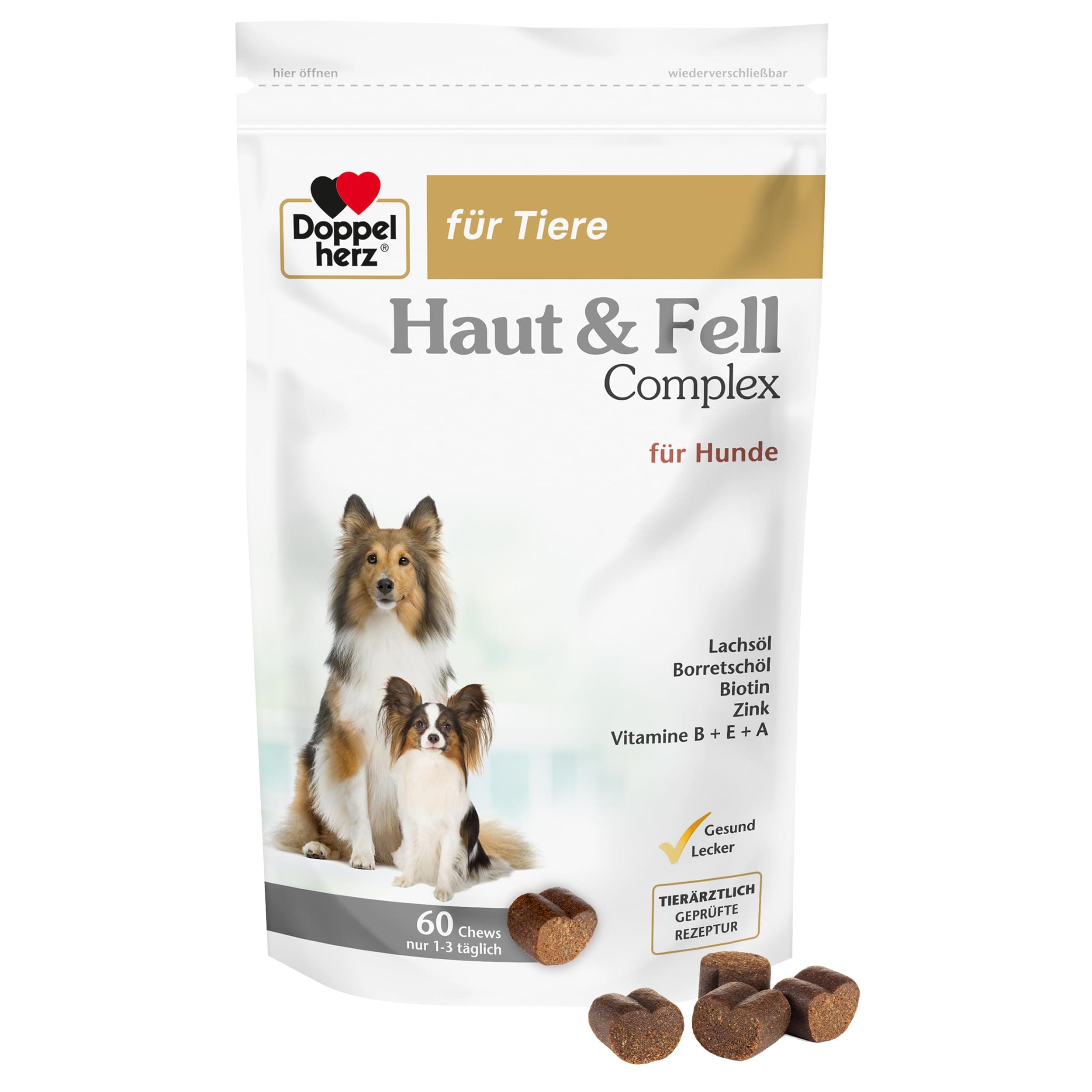 Doppelherz für Tiere Haut und Fell Complex für Hunde | Mit wichtigen Omega-3 und Omega-6 Fettsäuren – 60 Chews 60 Chews Single Angebot bei HelloDeals
