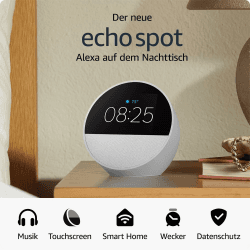 Zertifiziert und generalüberholt Amazon Echo Spot (2024), smarter Wecker mit sattem Klang und Alexa, Weiß Angebot bei HelloDeals