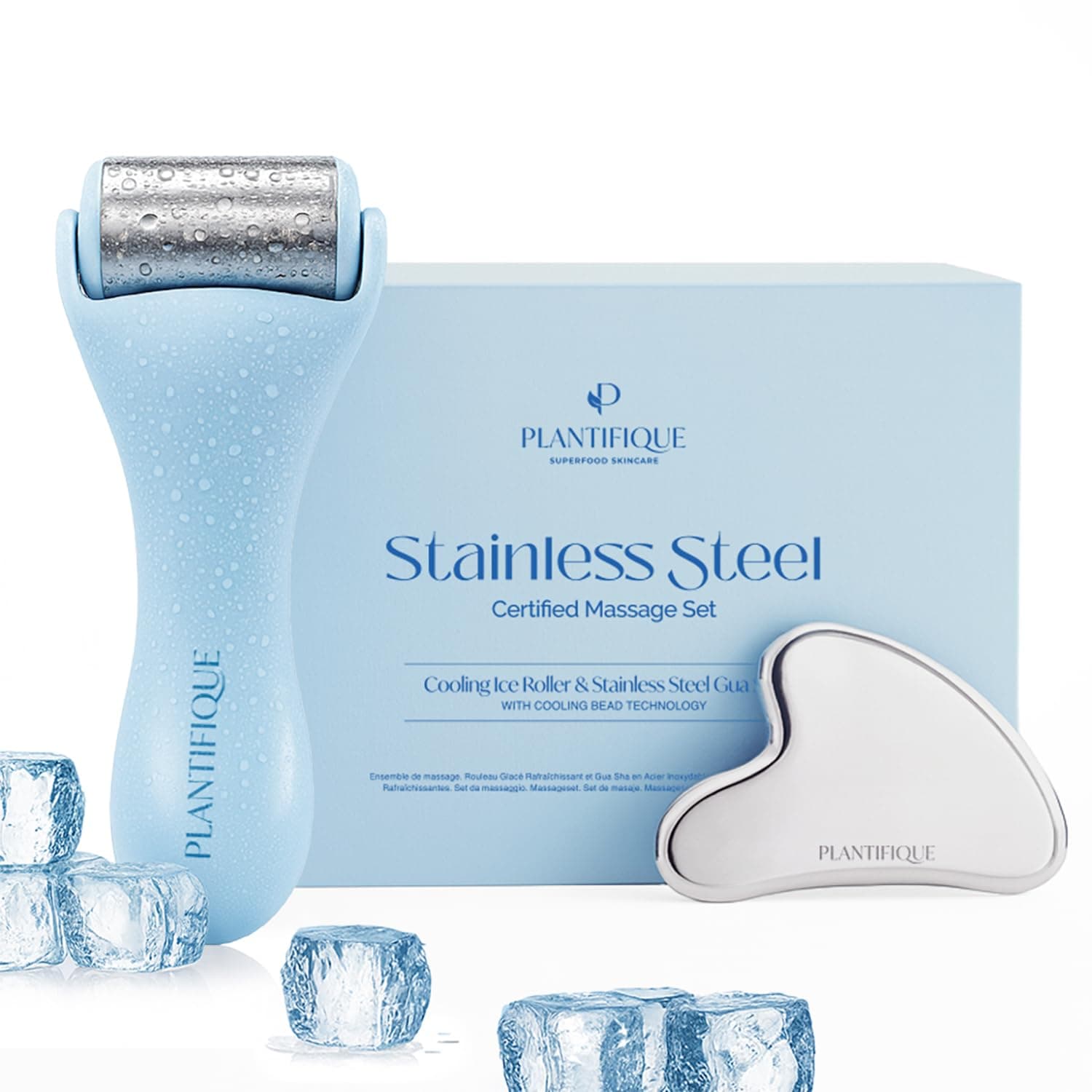 PLANTIFIQUE Ice Roller & Gua Sha Edelstahl Set – Gesichtsmassage für Hautstraffung, Lymphdrainage Gesicht, Schwellungen, Augenringe und Falten – Skincare Beauty Tool | Edelstahl Set:Gua Sha Gesichtswerkzeug & Gesichtsroller mit Kühlperlen Lymphdrainage Ma Angebot bei HelloDeals