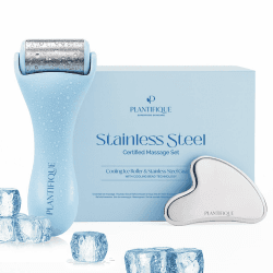 PLANTIFIQUE Ice Roller & Gua Sha Edelstahl Set – Gesichtsmassage für Hautstraffung, Lymphdrainage Gesicht, Schwellungen, Augenringe und Falten – Skincare Beauty Tool | Edelstahl Set:Gua Sha Gesichtswerkzeug & Gesichtsroller mit Kühlperlen Lymphdrainage Ma Angebot bei HelloDeals
