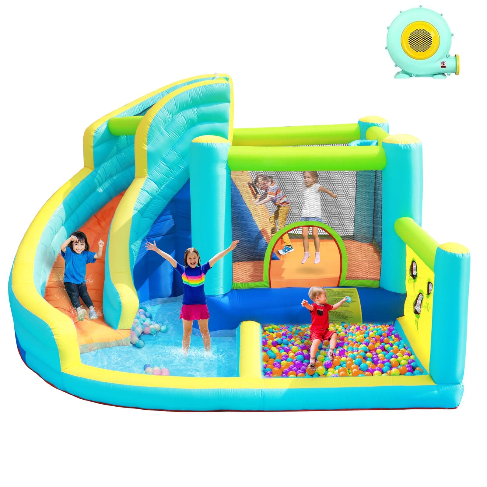 FBSPORT Hüpfburg mit Gebläse, Wasserspielcenter mit Trocken/Wasserrutsche Planschbecken Kletterwand Sprung und Basketballkorb, Groß Hüpfburg for Indoor & Outdoor, Hält bis zu 5 Kinder/180KG grün Angebot bei HelloDeals