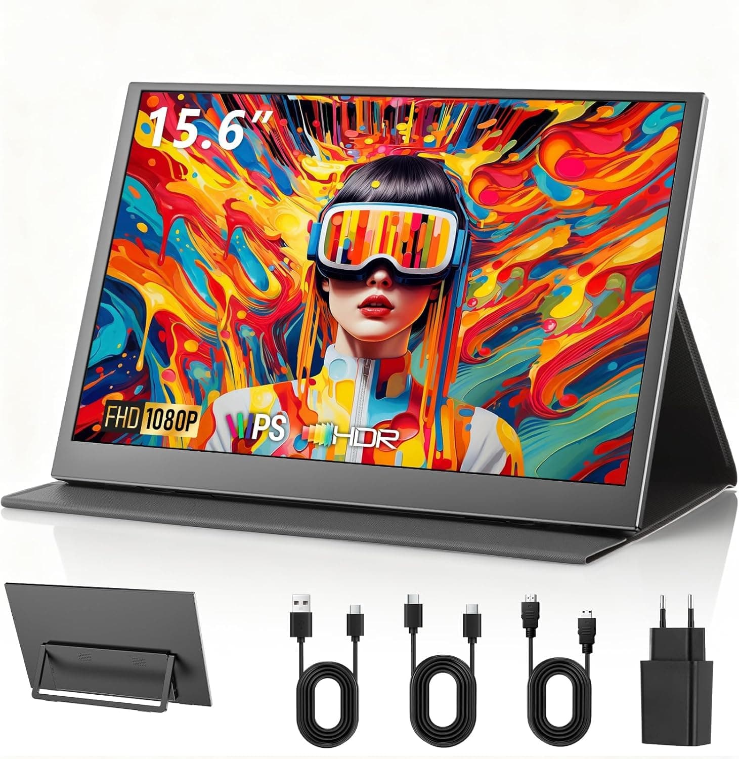 Portable Monitor 15,6 Zoll, 1920x1080P FHD IPS Entspiegelt | USB-C & Mini HDMI | Integrierte Lautsprecher & Schutzhülle mit Ständer | Zusatzbildschirm für Laptop, PC, Mac, Handy, PS5/4, Xbox, Switch Angebot bei HelloDeals