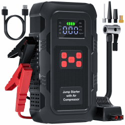 Povasee Starthilfe Powerbank für Pkw mit Kompressor 150 PSI, 9000A Starter Powerbank mit Elektrische Luftpumpe, 12V Auto Starthilfe (10L Benzin/8L Diesel), Jump Starter mit Taschenlampe (Rot) Schwarz/Rot Angebot bei HelloDeals