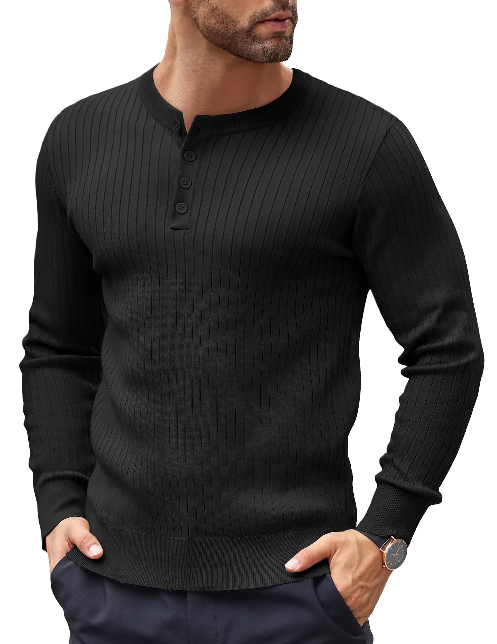 COOFANDY Lässiger Herren-Strickpullover, Viertelknopf, Henley, langärmelig, schmale Passform, gedrehter Pullover Schwarz M Angebot bei HelloDeals