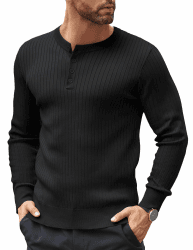 COOFANDY Lässiger Herren-Strickpullover, Viertelknopf, Henley, langärmelig, schmale Passform, gedrehter Pullover Schwarz M Angebot bei HelloDeals