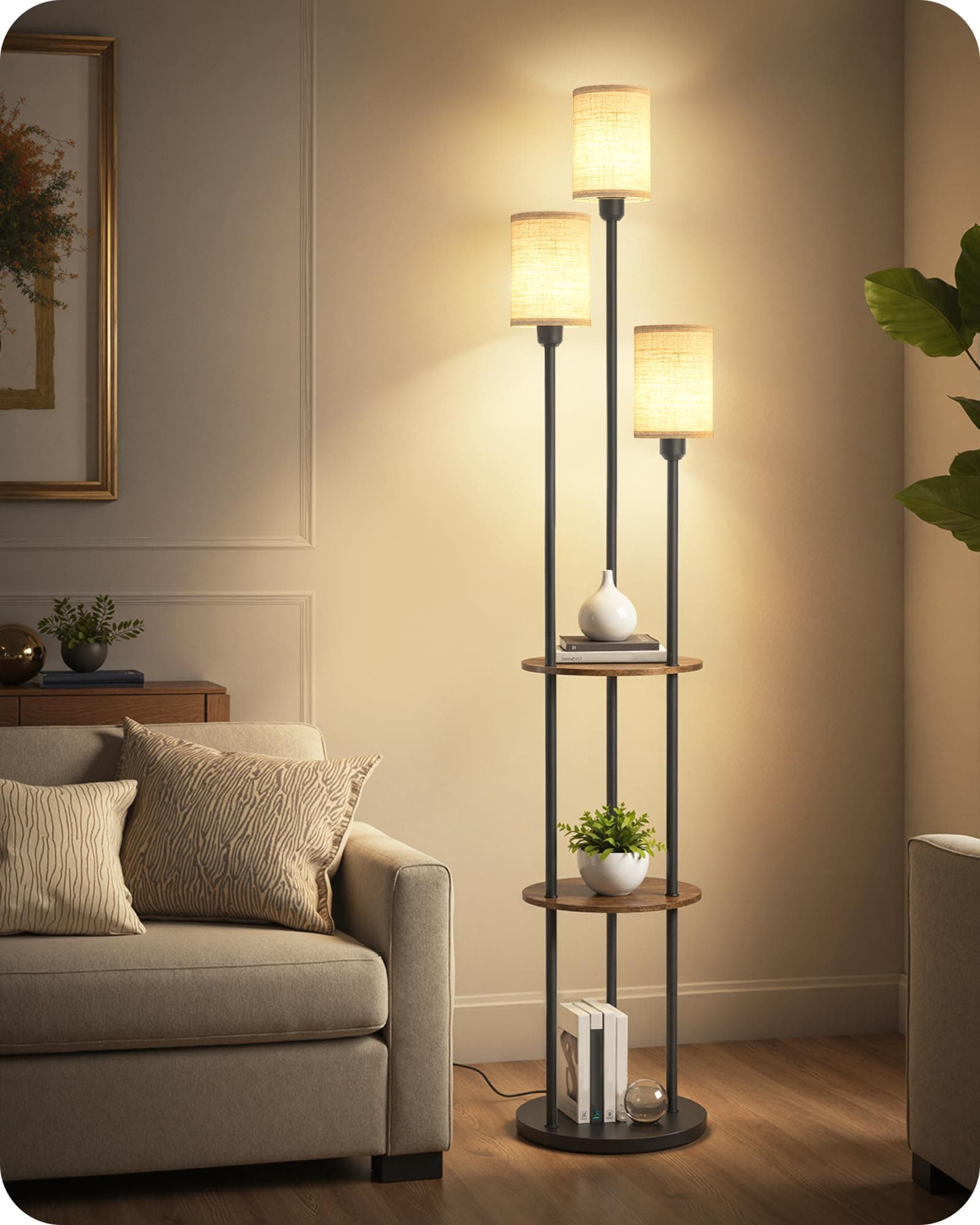 Stehlampe Wohnzimmer mit Regal, 3-flammige Vintage Stehleuchte | Boho Vintage Standleuchte aus Holz mit Fußschalter, E27 Fassung, Retro Rustikalbraun und Beige ZEF53LDD05 Beige, Vintage Angebot bei HelloDeals