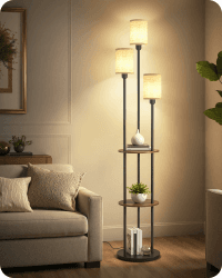 Stehlampe Wohnzimmer mit Regal, 3-flammige Vintage Stehleuchte | Boho Vintage Standleuchte aus Holz mit Fußschalter, E27 Fassung, Retro Rustikalbraun und Beige ZEF53LDD05 Beige, Vintage Angebot bei HelloDeals