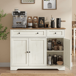 VASAGLE Aufbewahrungsschrank, 2 Schubladen, 3 Türen, verstellbare Ablagen | Küchenschrank im Landhausstil, Sideboard, Kaffeebar, 106,8 x 40 x 80 cm, Rustikales Weiss, SIREN Kollektion LSC531WJ01 3 Türen(106,8B cm) Angebot bei HelloDeals