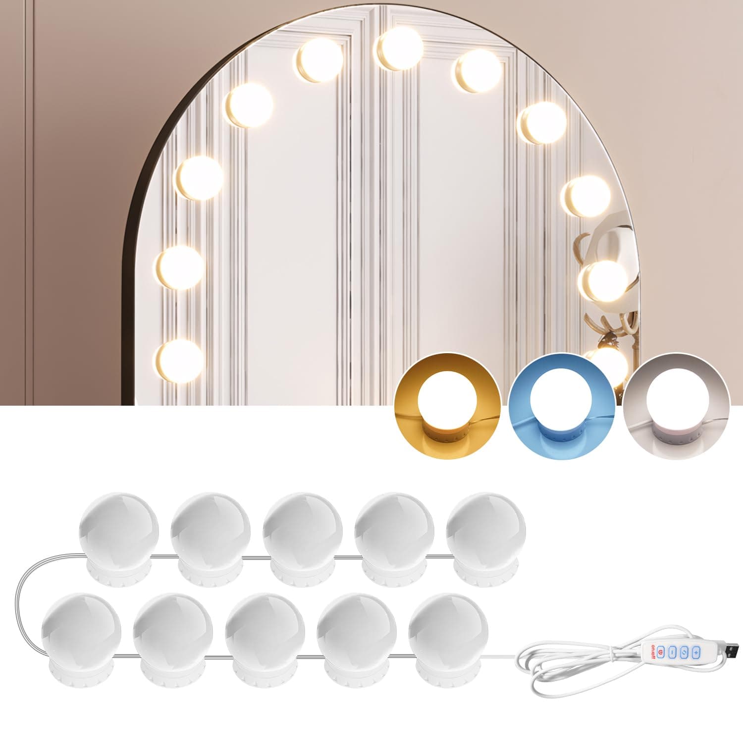 10 LED Spiegelleuchte Dimmbar Hollywood Schminktisch Beleuchtung | 10 Hollywood LED-Lampen; 3 Farbmodi; 10 Dimmstufen; Unsichtbare Kabelaufwicklung; Montage ohne Bohren; USB 5V/2A Angebot bei HelloDeals