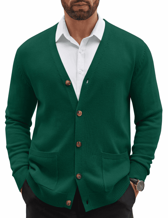 COOFANDY Strickjacke Herren V Ausschnitt Cardigan Regular Fit Pullover mit knöpfen und Taschen M Dunkelgrün Angebot bei HelloDeals