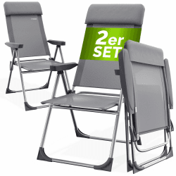 Casaria Gartenstühle 2er Set 130 kg Belastbarkeit | Klappbar, 6-Fach Verstellbar, Alu, hohe Rückenlehne, Liegefunktion, Faltbar, Balkon, Campingstuhl, Klappstuhl, Hochlehner 2er Set Grau Angebot bei HelloDeals