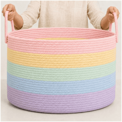 OrganiHaus Wäschekorb Kinderzimmer, Spielzeugkorb, Großer Geflochtener korb Mit Griff, Faltbar & Stabiler, Aufbewahrungskorb Kinder Für Decken, Spielzeug & Kleidung, Regenbogen Design - 50x33cm Extra Large Pastellregenbogen Angebot bei HelloDeals
