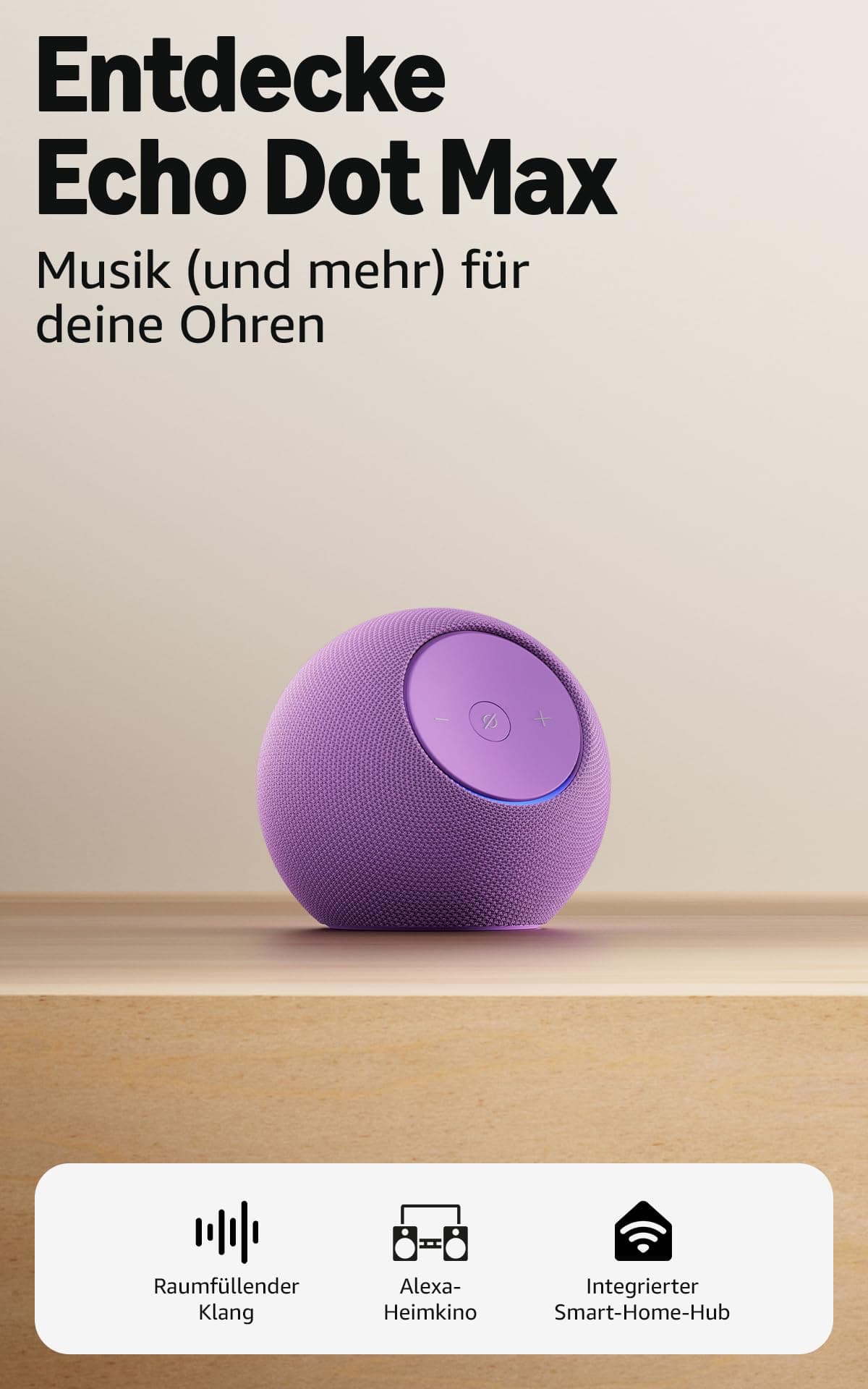 Zertifiziert und generalüberholt Amazon Echo Dot Max (neueste Generation), Alexa-Lautsprecher mit raumfüllendem Klang und integriertem Smart-Home-Hub, Amethyst PURPLE Angebot bei HelloDeals