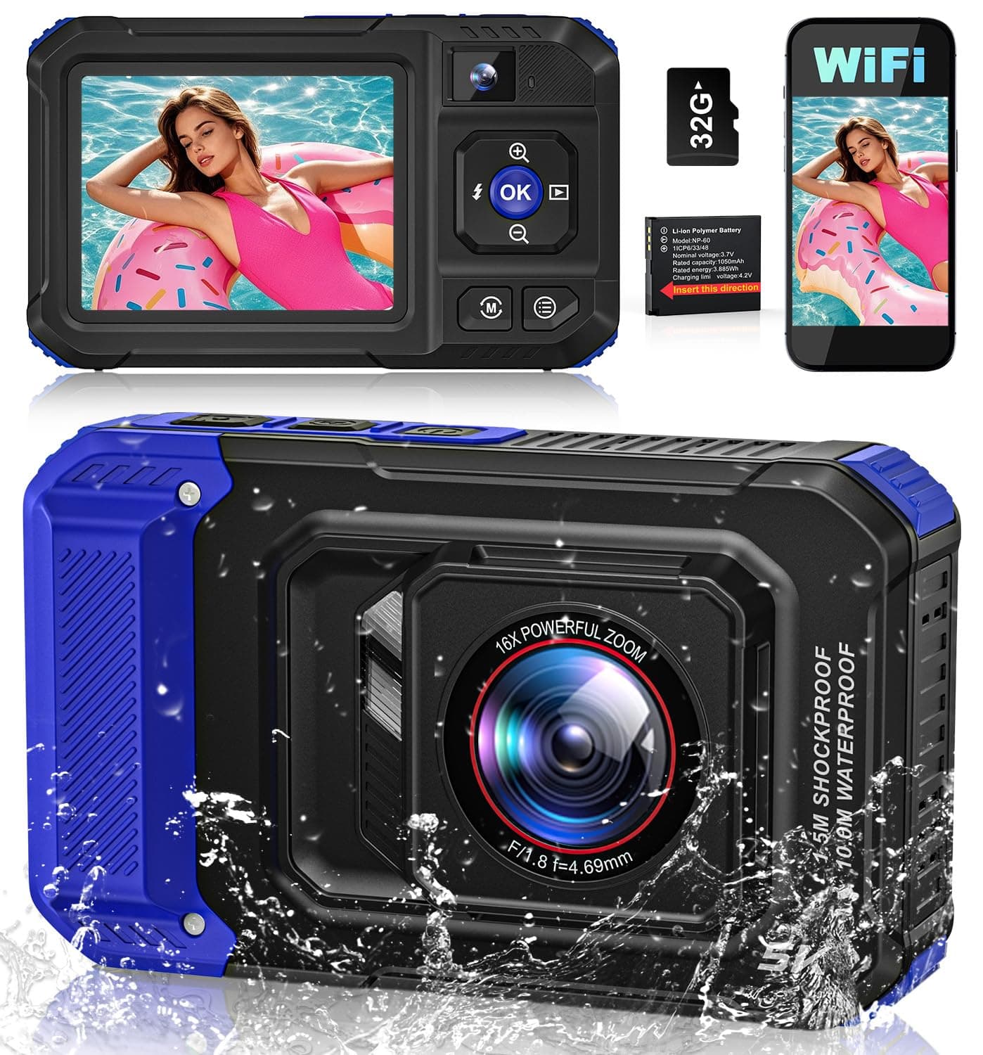 Unterwasserkamera, 5K 96MP Digitalkamera wasserdichte 33FT Autofokus WiFi wasserdichte Kamera mit 32GB Karte, Dual-Screen Selfie, 16X Schwimmfähig Unterwasserkamera für Schnorcheln Angebot bei HelloDeals