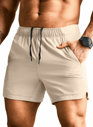Elegancity Sporthose Kurze Herren Sommer Kurze Hosen Sport Shorts Stretch Jogginghose Leichte Freizeithose Atmungsaktive Schnelltrockende Hosen für Männer mit Tunnelzug und Reißverschlusstasche S-XXXL 1beige M Angebot bei HelloDeals
