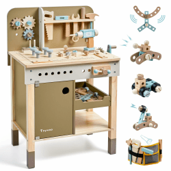 Kinder Werkzeug Set, hölzerne Werkzeuge Bank mit Schürze Kleinkind Spielzeug Werkbank Mit Realistischen Werkzeugen Elektrische Bohrmaschine STEM BAU Spielzeug Geschenke für Alter 3-9Jungen Mädchen Braun Angebot bei HelloDeals