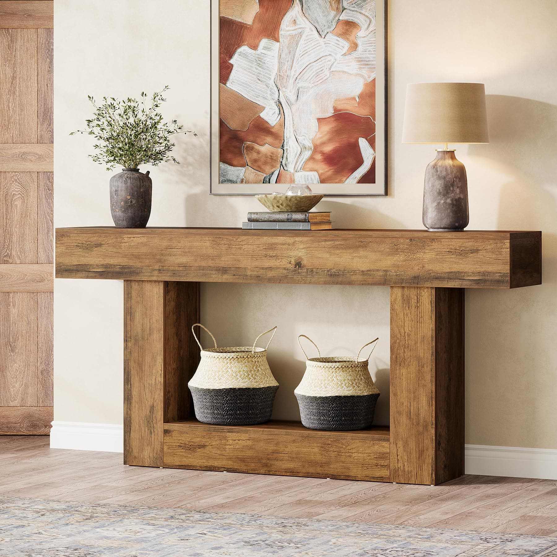 Tribesigns Konsolentisch, 160 cm lang, 2-stöckiger Eingangstisch, Sofatisch mit Stauraum, Bauernhaus-Holz hinter Couchtisch für Wohnzimmer, Flur (Vintage Braun) Angebot bei HelloDeals