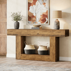 Tribesigns Konsolentisch, 160 cm lang, 2-stöckiger Eingangstisch, Sofatisch mit Stauraum, Bauernhaus-Holz hinter Couchtisch für Wohnzimmer, Flur (Vintage Braun) Angebot bei HelloDeals