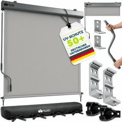 tillvex® Senkrechtmarkise 200 x 250 cm für Innen & Außen mit Regencover | Außenrollo wasserfest mit Handkurbel für Balkon, Terrasse & Garten | Balkonrollo Sonnenschutz Markise Sichtschutz Aluminium 200 x 250 cm Grau Angebot bei HelloDeals