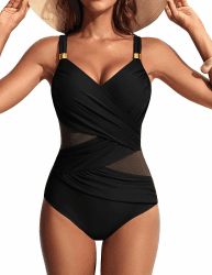Hanna Nikole Damen Badeanzug Bauchweg,Push up Schwimmanzug Swimsuits Sexy Sheer Mesh Einteiler Bademode,Schlankheits Raffung V-Ausschnitt Monokini Schwarz XXL Angebot bei HelloDeals