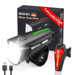 BOLEi Fahrradlicht Set 100 LUX,StVZO Zugelassen, USB,IPX5 Wasserdicht | Batterieanzeige, blendfreies Design, 100/70/45 LUX, für Radfahren, Wandern, Camping, Outdoor, Fahrrad Front und Rücklicht Set Frontlicht+ Rücklicht Angebot bei HelloDeals
