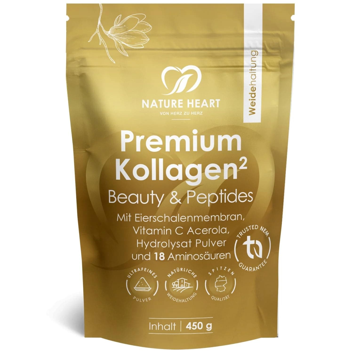 Nature Heart Premium Kollagen Peptides Pulver 450g – aus Weidehaltung – geschmacksneutral, löslich mit Acerola und über 91% Protein 1x 450g Premium Angebot bei HelloDeals