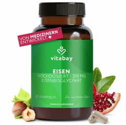 Vitabay Eisen Kapseln hochdosiert – 120 vegane Kapseln mit Eisenbisglycinat | 50 mg elementares Eisen – vegan, laborgeprüft, ohne unnötige Zusätze – 4 Monate Vorrat 47 g (1er Pack) Angebot bei HelloDeals