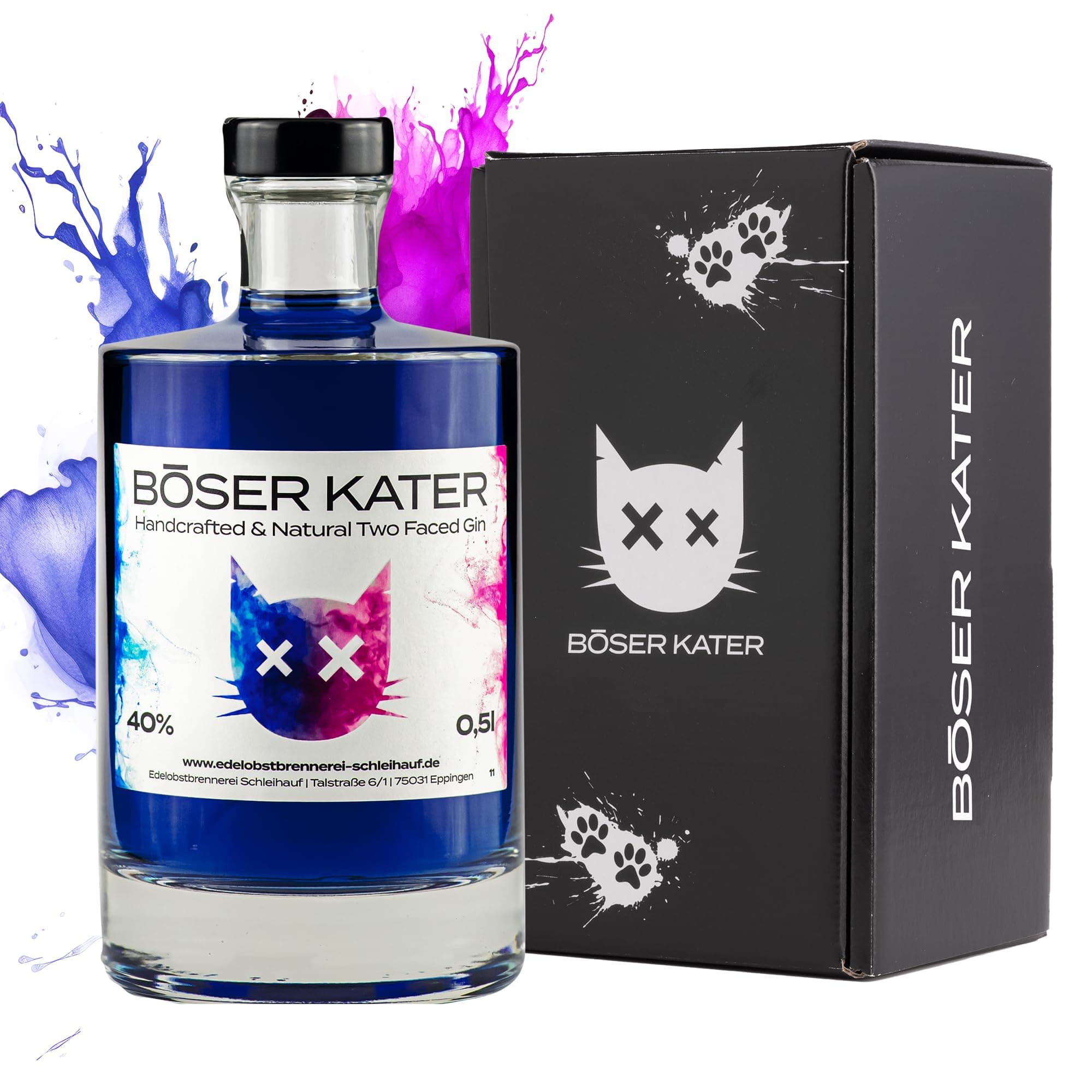 BÖSER KATER Magic Two Faced Farbwechsel Gin von Blau zu Violett 0,5l | Das perfekte Geschenk in hochwertiger Geschenkbox | Handgemachte Premium Qualität aus Deutschland 40% Vol. Magic Two Faced Farbwechsel Gin 0,5l Flasche Angebot bei HelloDeals