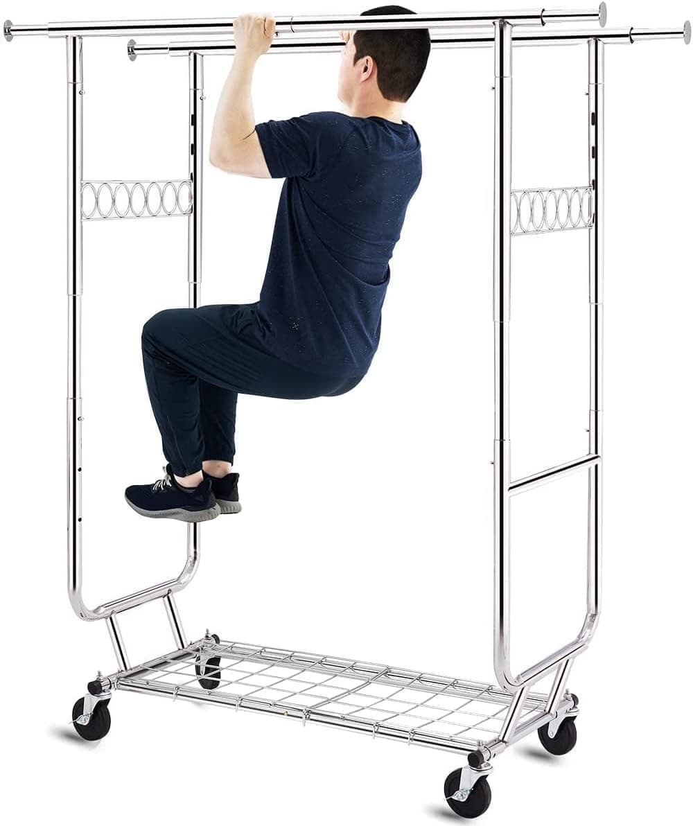 HOKEEPER Profi Doppelter Kleiderständer, bis 272 kg belastbar, Schwerlast Kleiderstange auf rollen, Industrie-Design, Garderobenständer mit 2 Kleiderstangen und Ablage | Kleiderstange, Garderobenständer, Schwerlast, 4 Rollen, 2 feststellbar, einfache Mont Angebot bei HelloDeals
