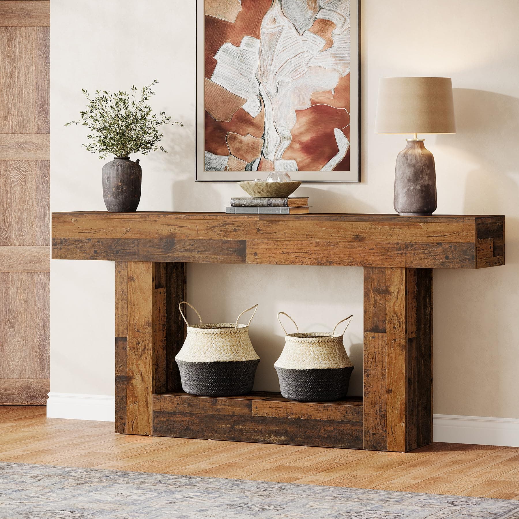 Tribesigns Konsolentisch, 160 cm lang, 2-stöckiger Eingangstisch, Sofatisch mit Stauraum, Bauernhaus-Holz hinter Couchtisch für Wohnzimmer, Flur (Rustikales Braun-Mischung) Angebot bei HelloDeals