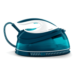 Philips Domestic Appliances Perfect Care Compact Dampfbügelstation - OptimalTemp Technologie, 120 g/min Dauerdampf, 2400 Watt, 6,5 bar Druck, 1,5 L Wassertank, SteamGlide Bügelsohle, Blau (GC7844/20) Blau/Weiß 6,5 Bar Dampfdruck Angebot bei HelloDeals
