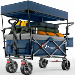 TRESKO® Bollerwagen Faltbar mit Dach, Kühlfach & Seitenrollos bis 150kg | Handwagen mit Vollgummireifen, Feststellbremsen (Vorne & Hinten) & 3-Punkt-Gurt | Transportwagen für Camping Outdoor Strand Blau Angebot bei HelloDeals