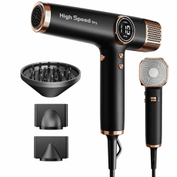Faszin Föhn Haartrockner mit Ionen-Technologie, 110.000 RPM Brushless Motor, Schnelltrocknung, Leiser Betrieb, LED Display, 3 Drehbare Magnet-Aufsätze für Haushalt & Salon (Tiefschwarz) Angebot bei HelloDeals