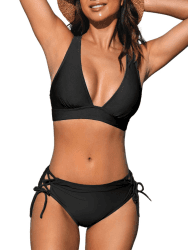 CUPSHE Bikini Damen Set V Ausschnitt Schnürung Rückenkreuz Low Waist | Schnürdesign, Gekreuzter Rücken, Niedriger Bund, Zweiteiliges Design, Für Strand und Pool M Schwarz Angebot bei HelloDeals