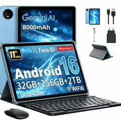 Tablet 11 Zoll mit Gemini AI, Android 16 Tablet mit Hülle, Maus & Tastatur, Octa-Core, 32 GB RAM + 256 GB ROM + 2 TB TF, 1920x1200 HD Display, 90 Hz, 8MP + 16MP Duale Kamera, 8000 mAh (Blau) Angebot bei HelloDeals