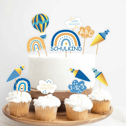Tortendeko zur Einschulung, 12-teilig Regenbogen Schulanfang Cupcake Toppers, Schuleinführung Kuchen Fondant Muffins Zucker Dekorationen, für Junge Mädchen 1. Schultag Party Deko - Beidseitig Bedruckt Blau Angebot bei HelloDeals